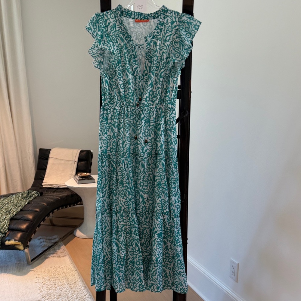 Oliphant Teal and White Printed Ruffle-Sleeve Maxi Dress